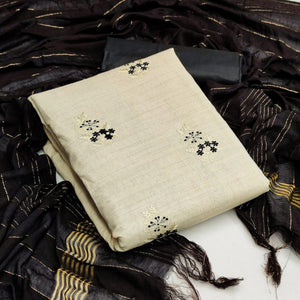 Offwhite - Black Casual Wear Embroidered Cotton Dress Material - Peachmode