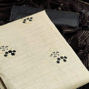 Offwhite - Black Casual Wear Embroidered Cotton Dress Material - Peachmode