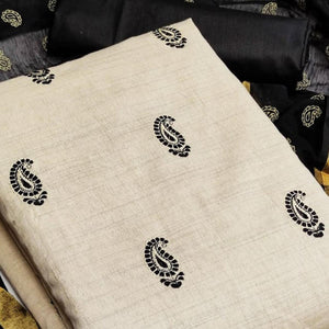 Offwhite - Black Partywear Printed Cotton Dress Material - Peachmode