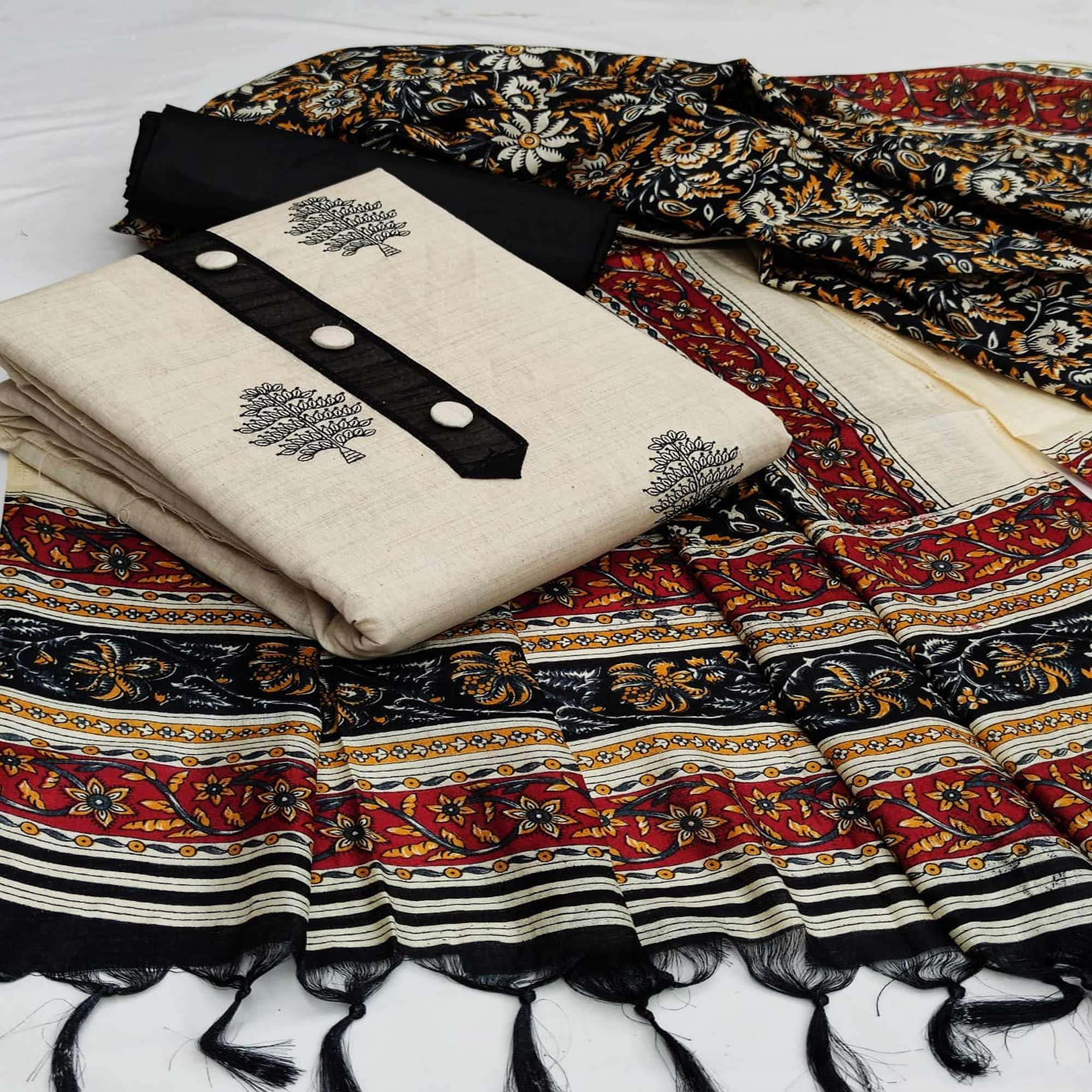 Offwhite - Black Printed Poly Cotton Dress Material - Peachmode