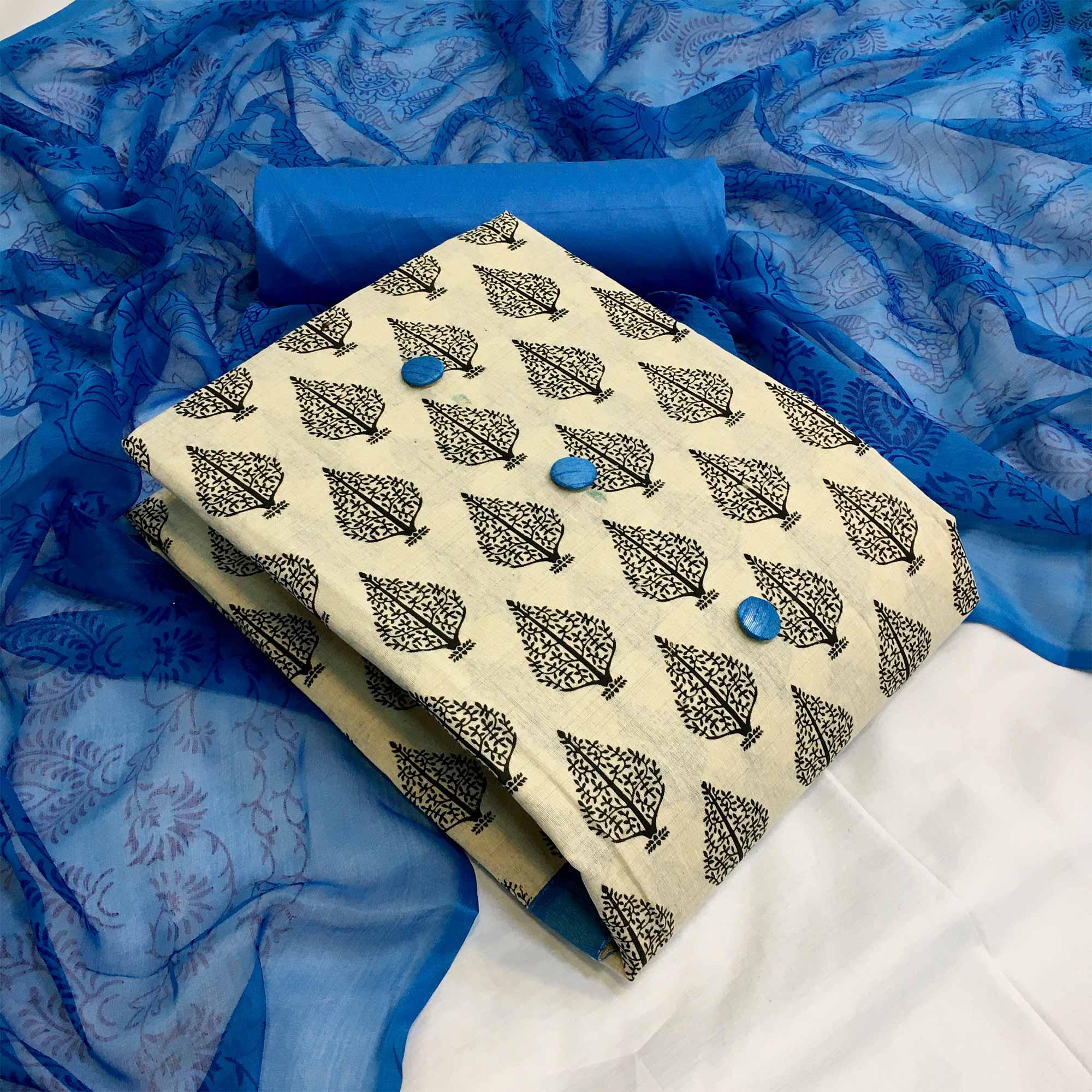 OffWhite - Blue Casual Wear Printed Cotton Dress Material - Peachmode