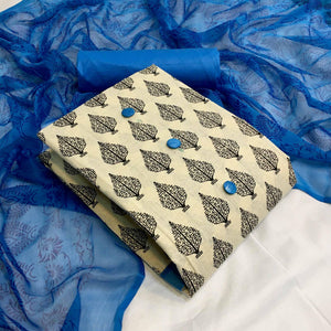 OffWhite - Blue Casual Wear Printed Cotton Dress Material - Peachmode