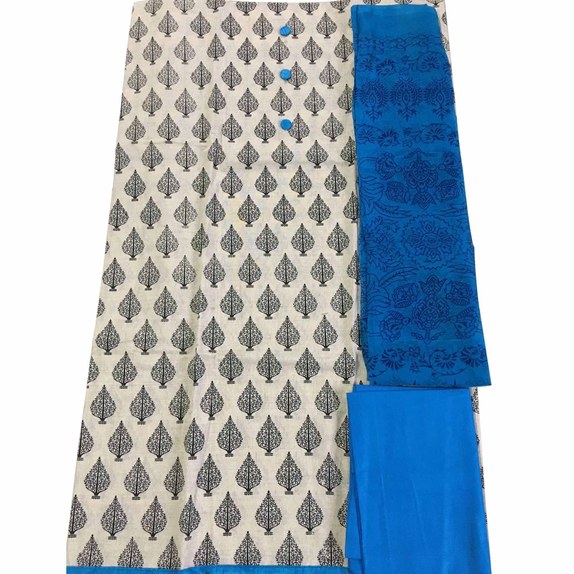OffWhite - Blue Casual Wear Printed Cotton Dress Material - Peachmode