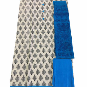 OffWhite - Blue Casual Wear Printed Cotton Dress Material - Peachmode