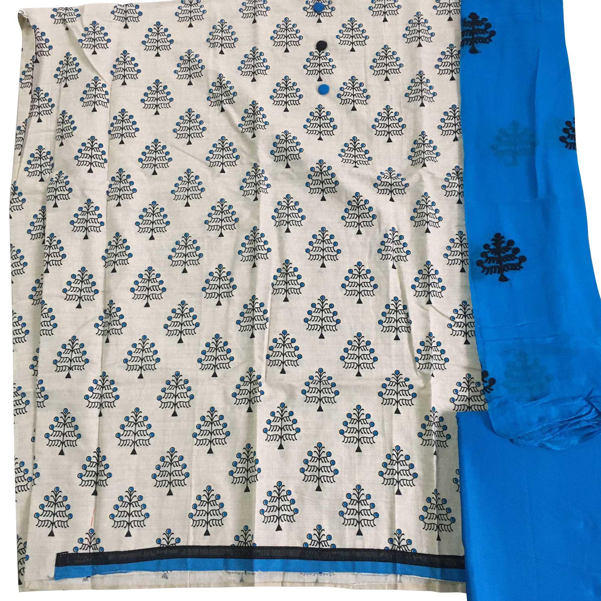 OffWhite - Blue Casual Wear Printed Cotton Dress Material - Peachmode
