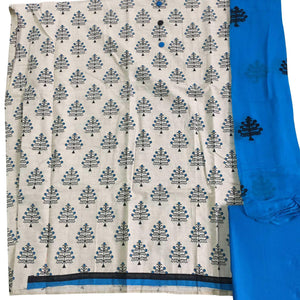 OffWhite - Blue Casual Wear Printed Cotton Dress Material - Peachmode