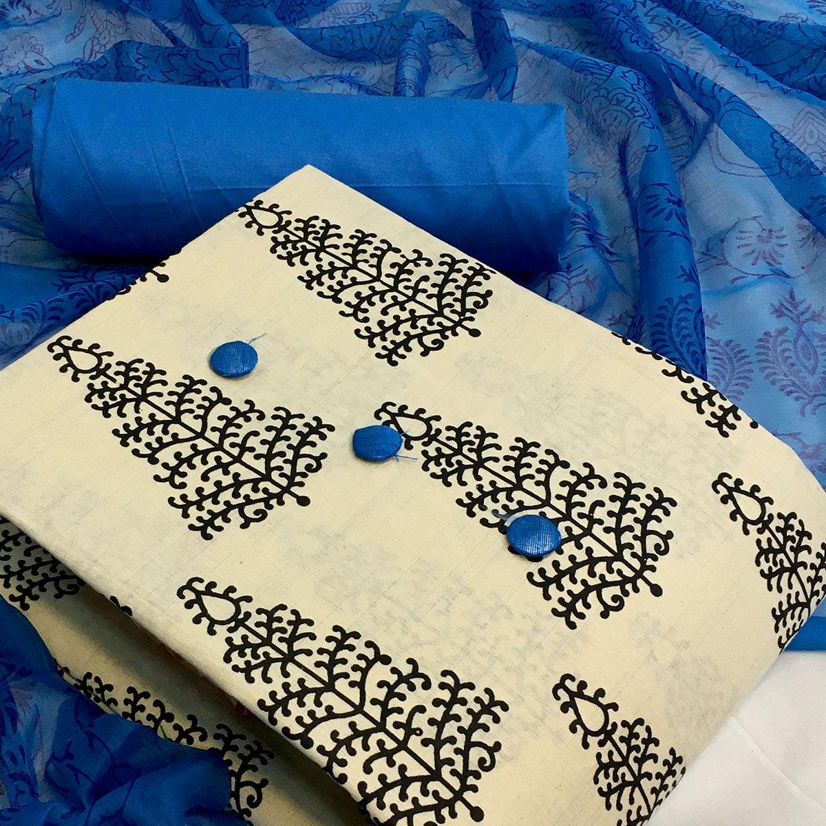 OffWhite - Blue Casual Wear Printed Cotton Dress Material - Peachmode