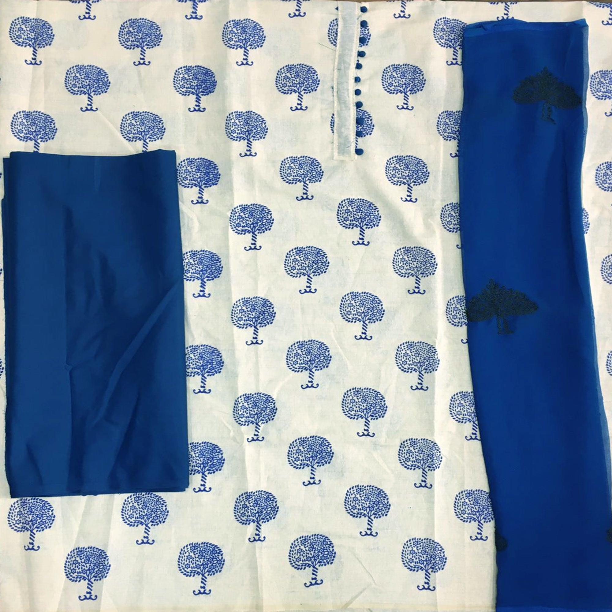 OffWhite - Blue Casual Wear Printed Cotton Dress Material - Peachmode