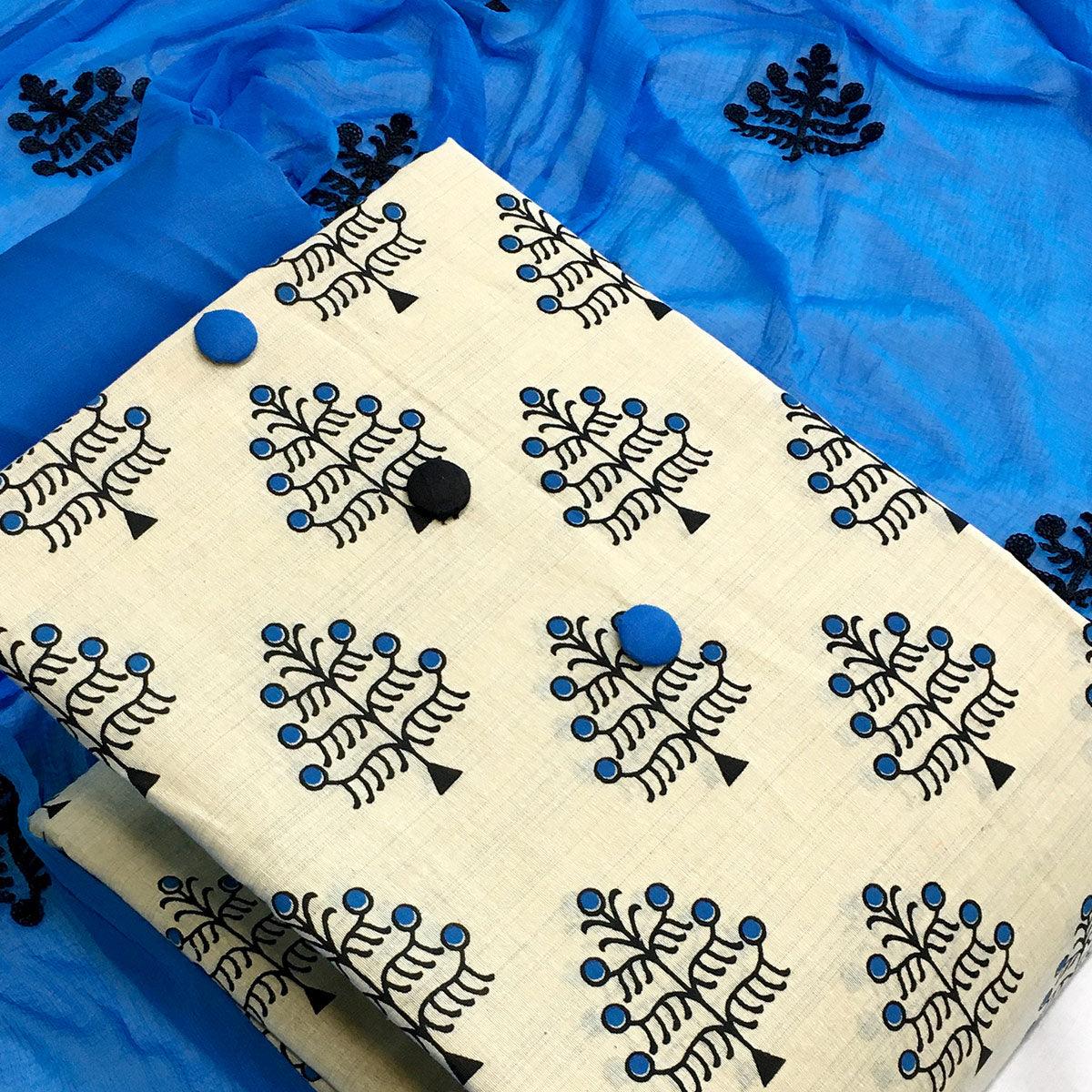 OffWhite - Blue Casual Wear Printed Cotton Dress Material - Peachmode