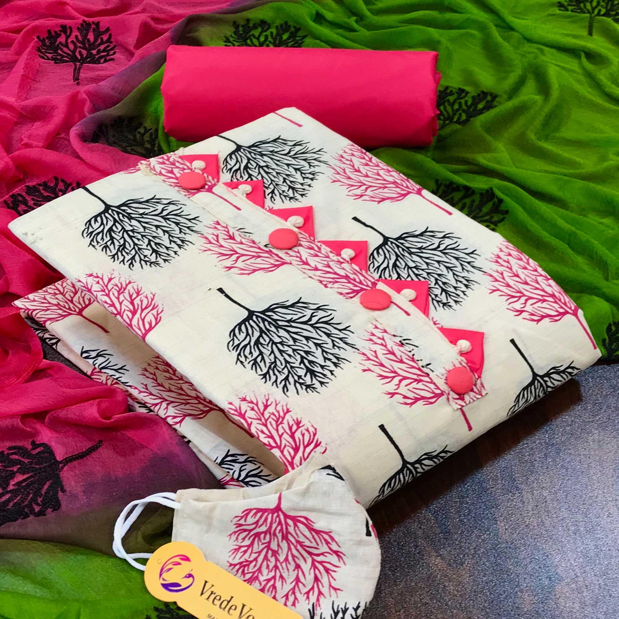 OffWhite - Bright Pink Casual Wear Printed Cotton Dress Material - Peachmode