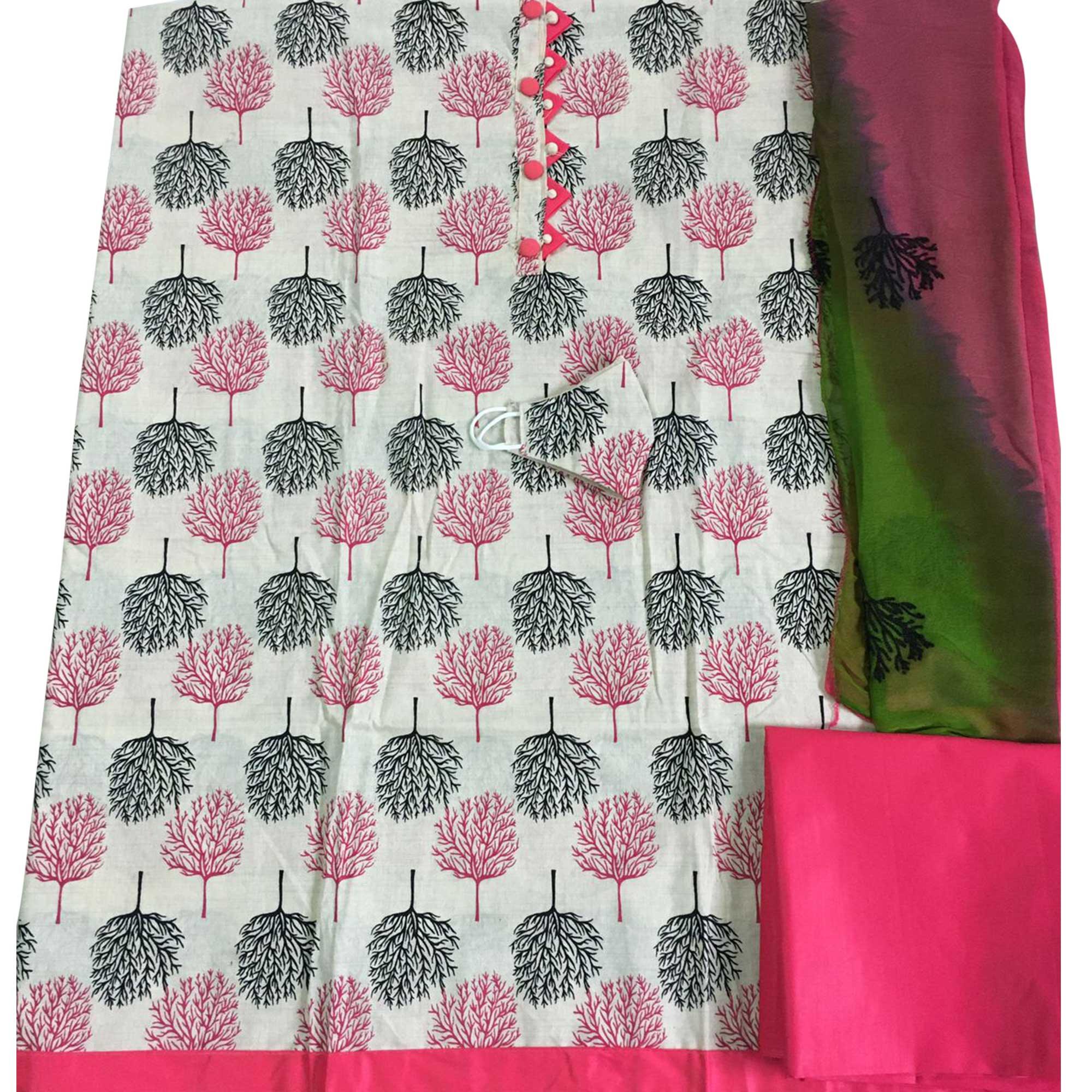 OffWhite - Bright Pink Casual Wear Printed Cotton Dress Material - Peachmode