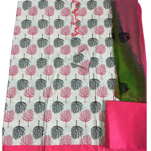 OffWhite - Bright Pink Casual Wear Printed Cotton Dress Material - Peachmode