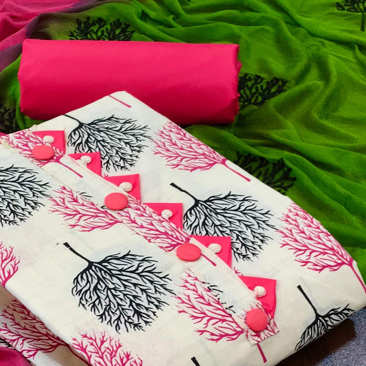 OffWhite - Bright Pink Casual Wear Printed Cotton Dress Material - Peachmode