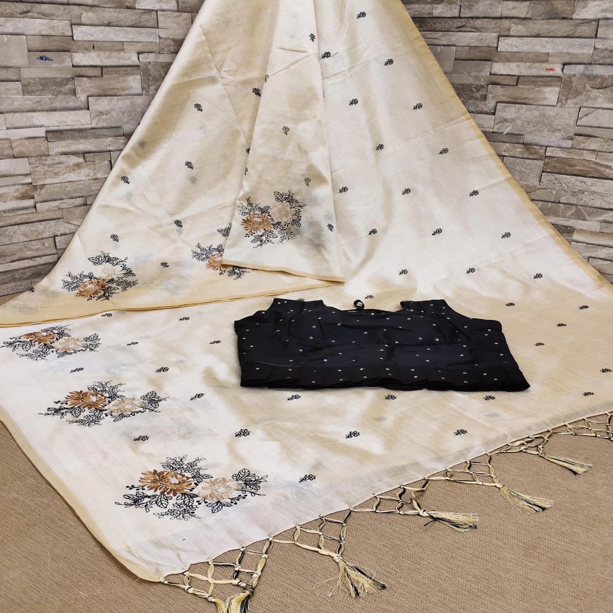 Offwhite Casual Wear Floral Embroidered Silk Saree - Peachmode