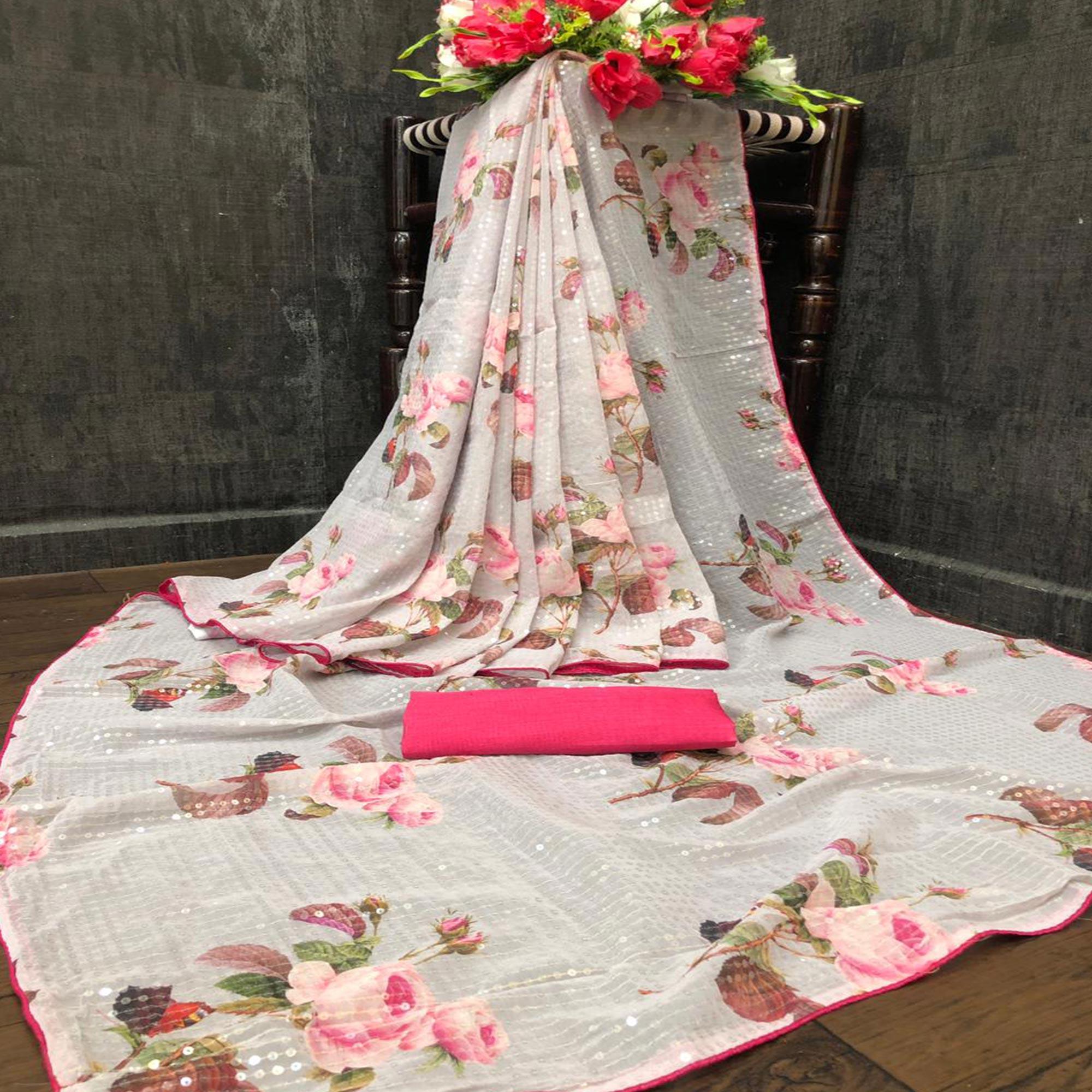 Offwhite Casual Wear Printed & Sequence Work Heavy Georgette Saree - Peachmode