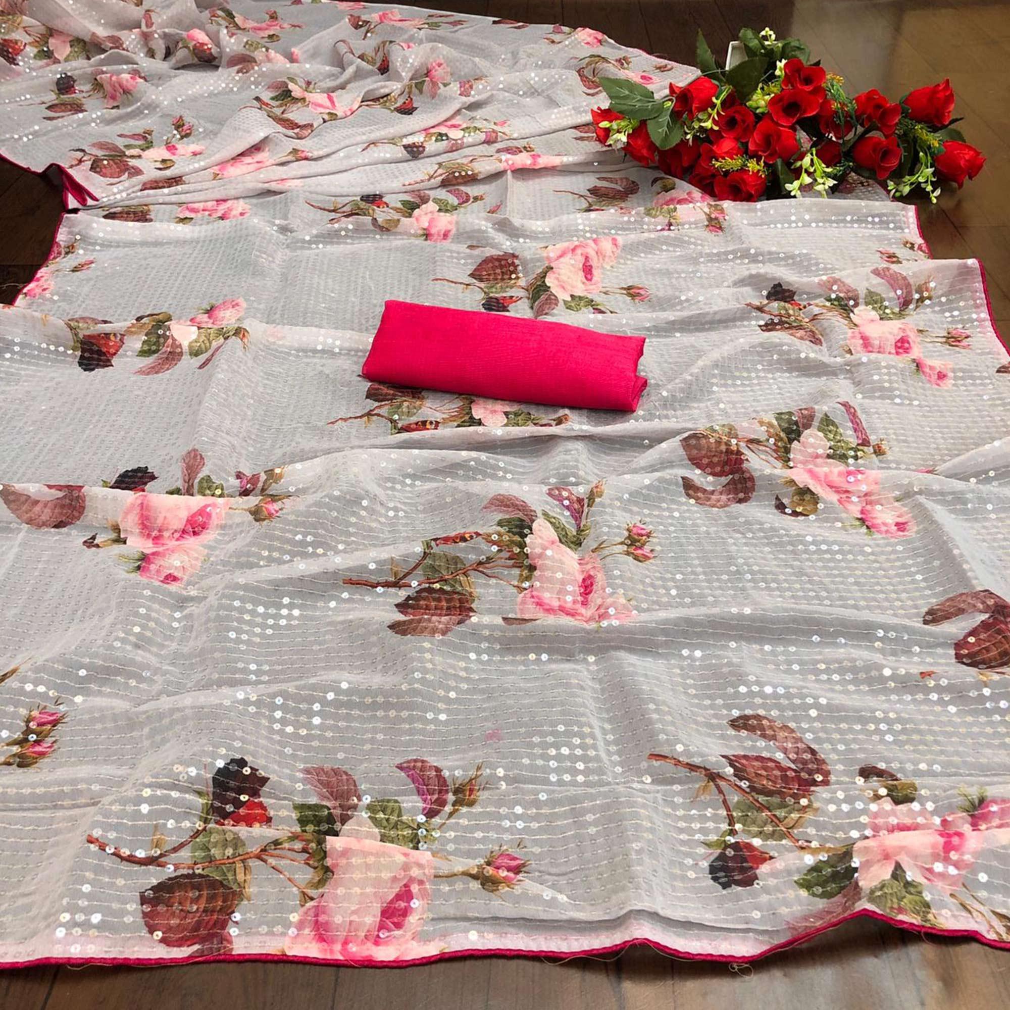 Offwhite Casual Wear Printed & Sequence Work Heavy Georgette Saree - Peachmode