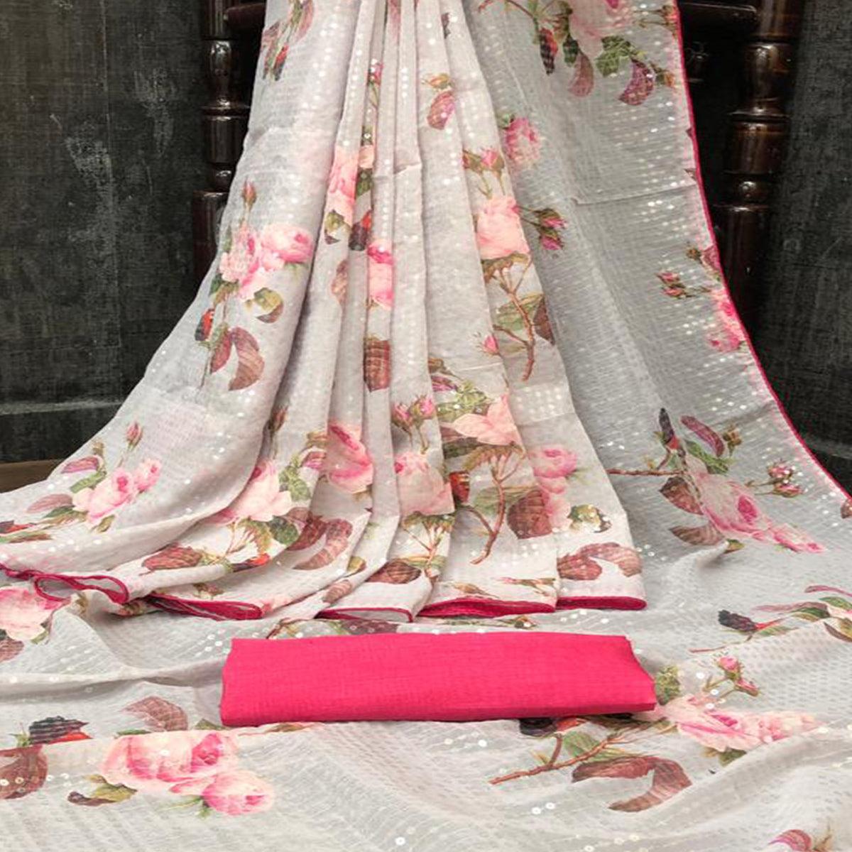 Offwhite Casual Wear Printed & Sequence Work Heavy Georgette Saree - Peachmode