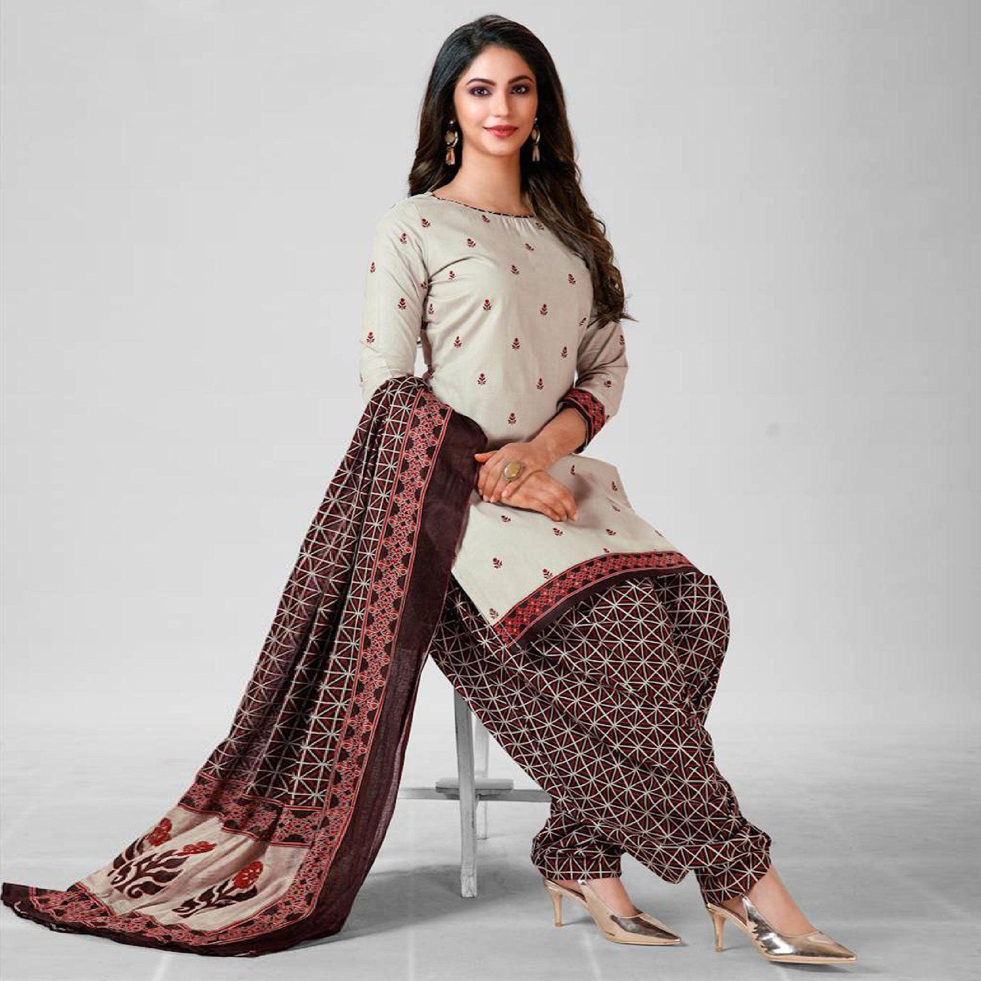 Offwhite Casual Wear Printed Cotton Patiala Dress Material - Peachmode