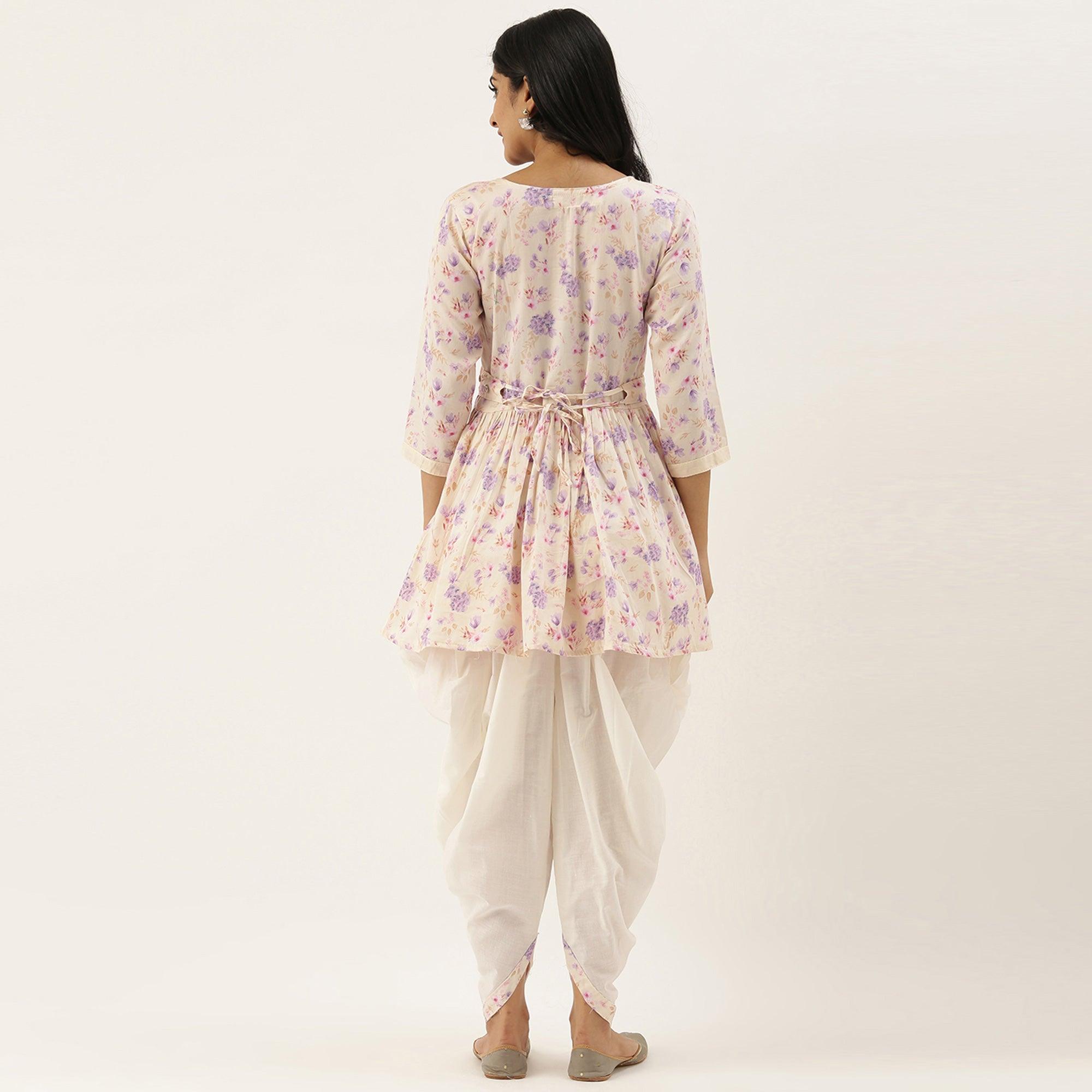 Offwhite Casual Wear Printed Pure Cotton Kurti With Dhoti Set - Peachmode