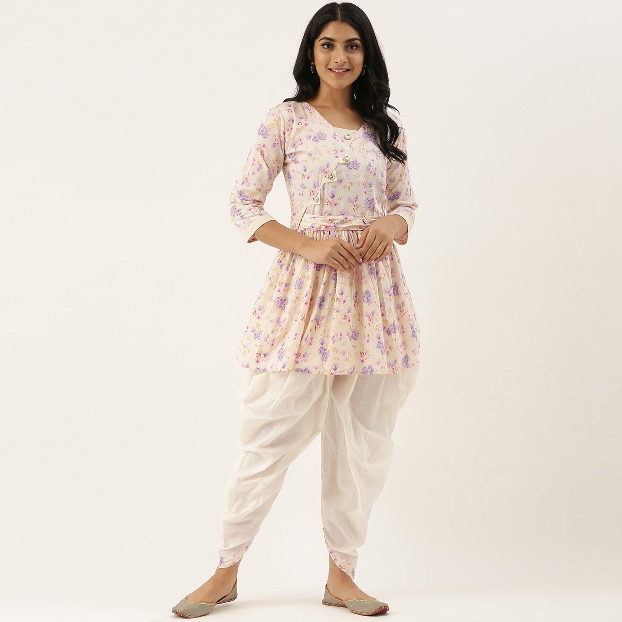 Offwhite Casual Wear Printed Pure Cotton Kurti With Dhoti Set - Peachmode