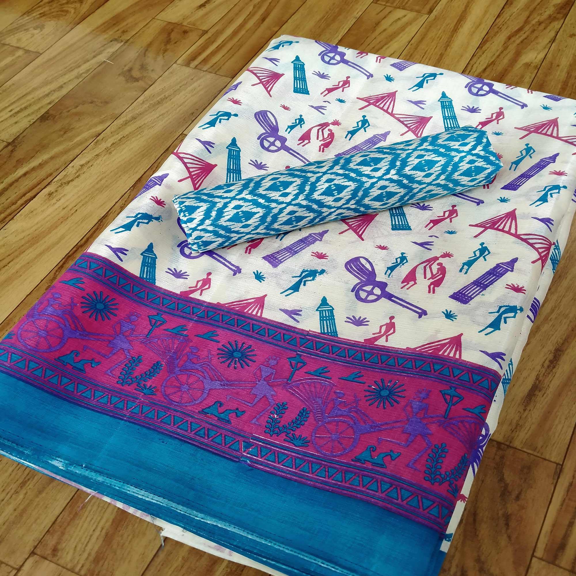 Offwhite Colored Casual Wear Digital Printed Jute Saree - Peachmode