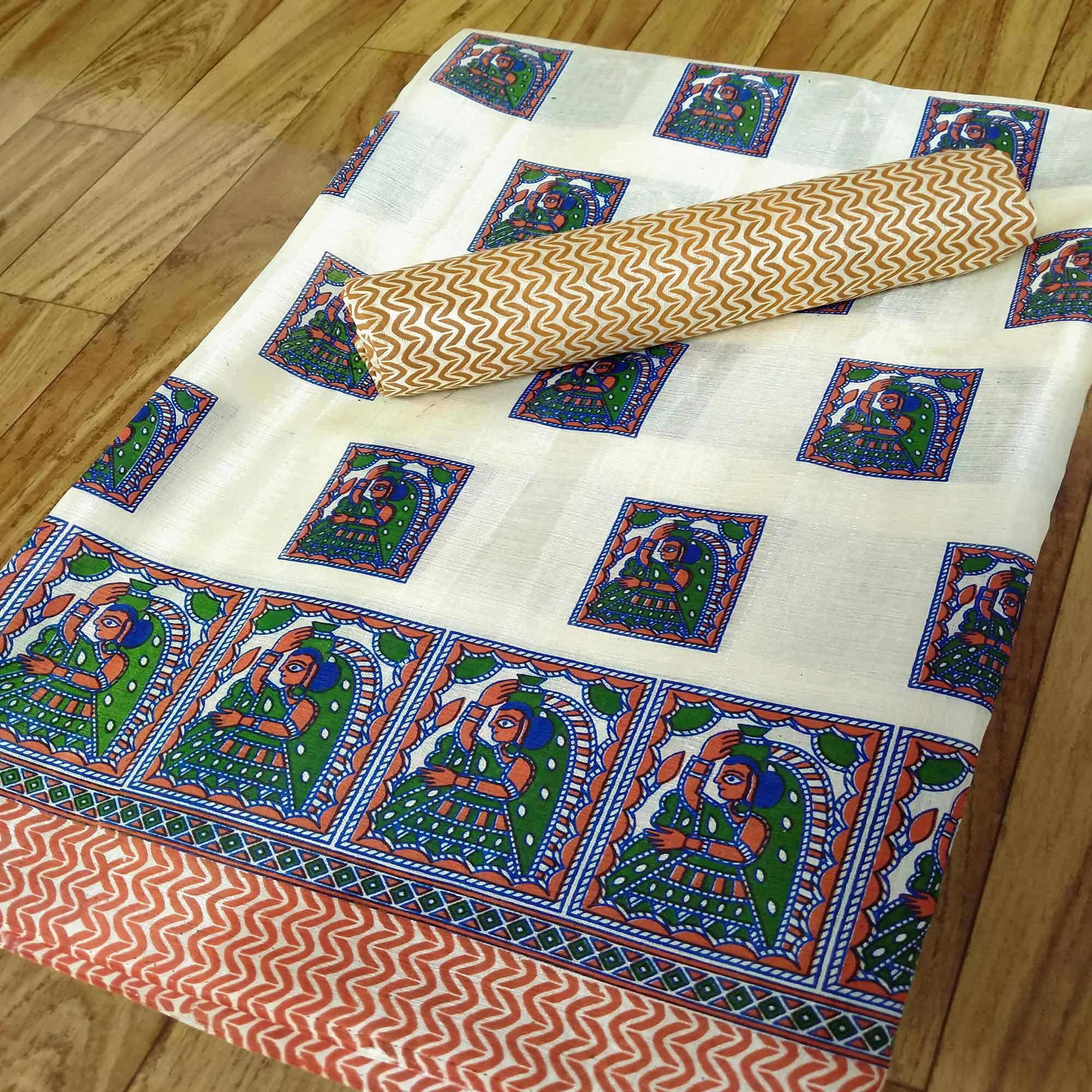 Offwhite Colored Casual Wear Digital Printed Jute Saree - Peachmode