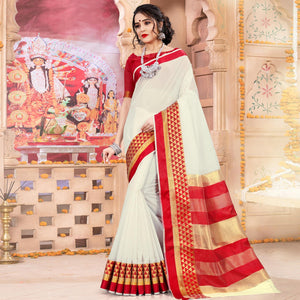 Offwhite Colored Festive Wear Woven Jute Saree - Peachmode