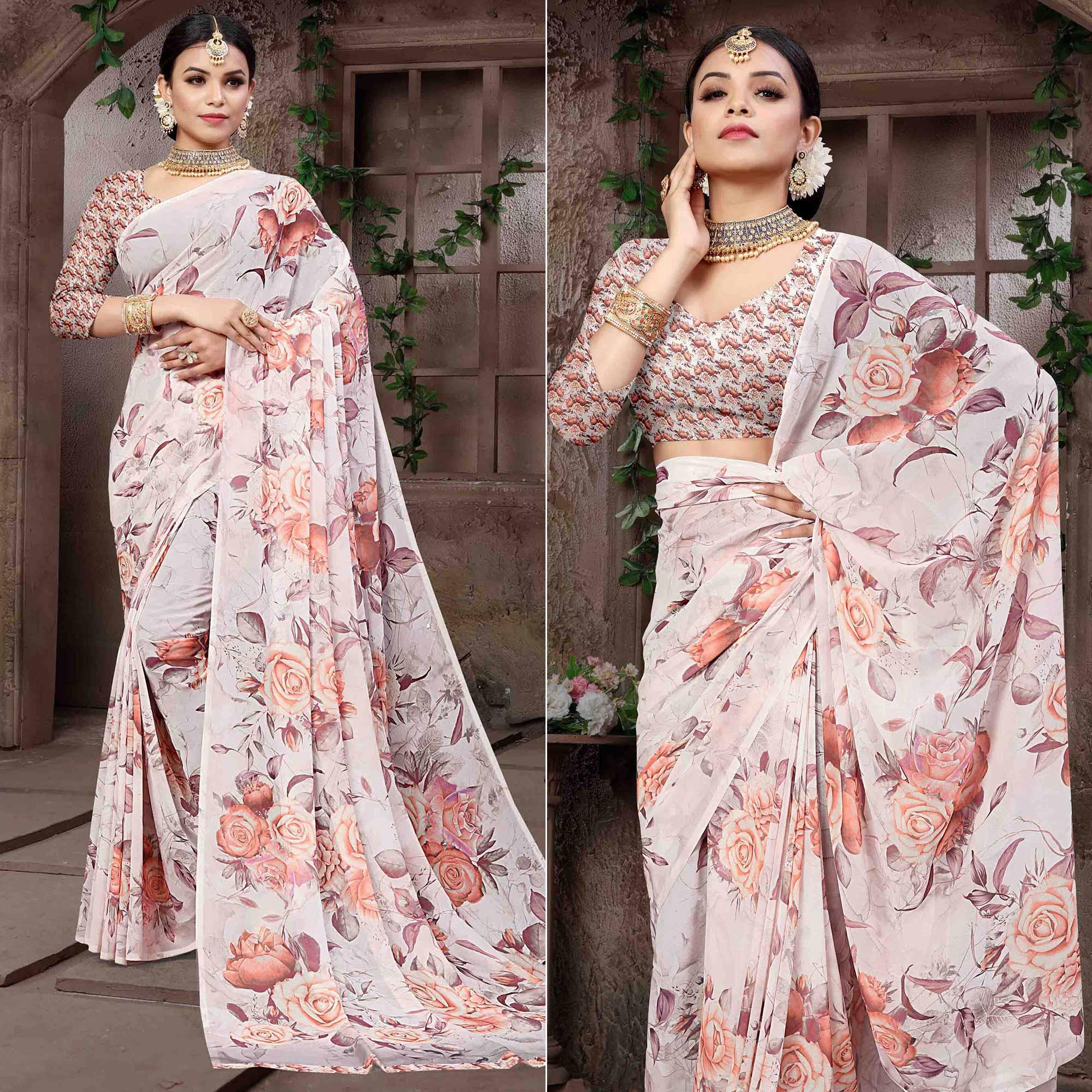 Offwhite Digital Printed Georgette Saree - Peachmode