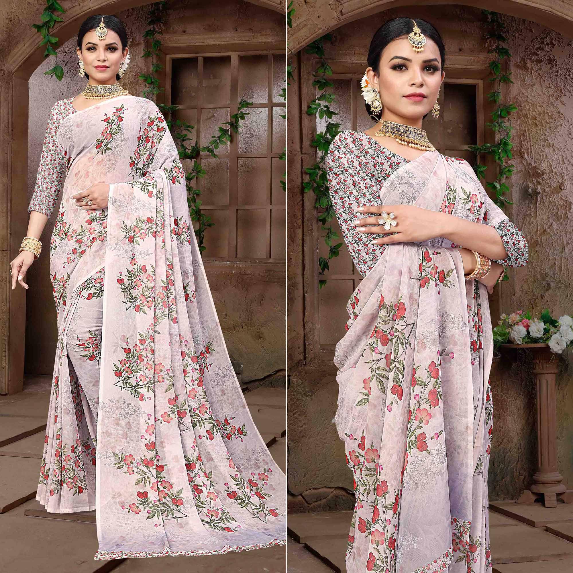 Offwhite Digital Printed Georgette Saree - Peachmode