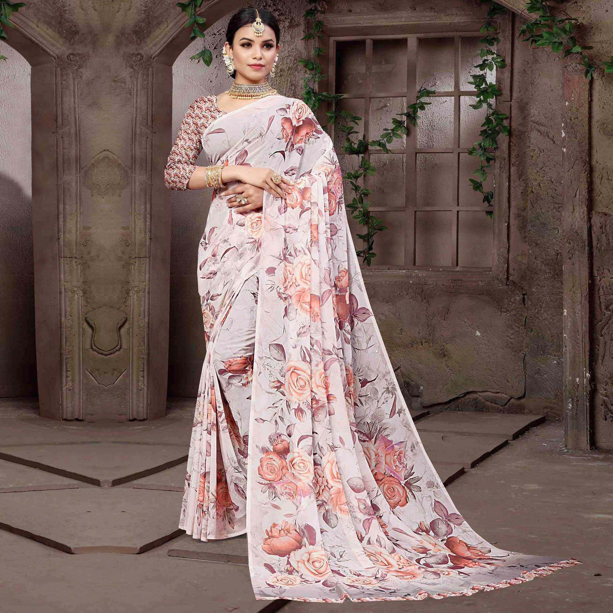Offwhite Digital Printed Georgette Saree - Peachmode
