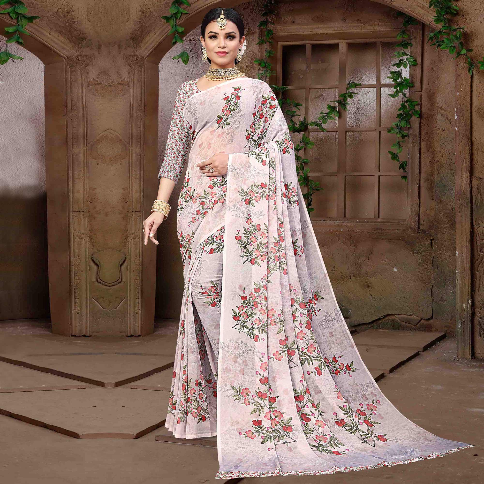 Offwhite Digital Printed Georgette Saree - Peachmode