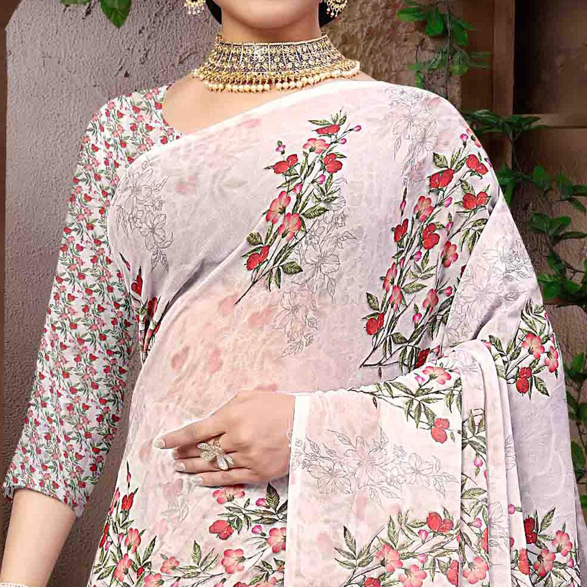 Offwhite Digital Printed Georgette Saree - Peachmode