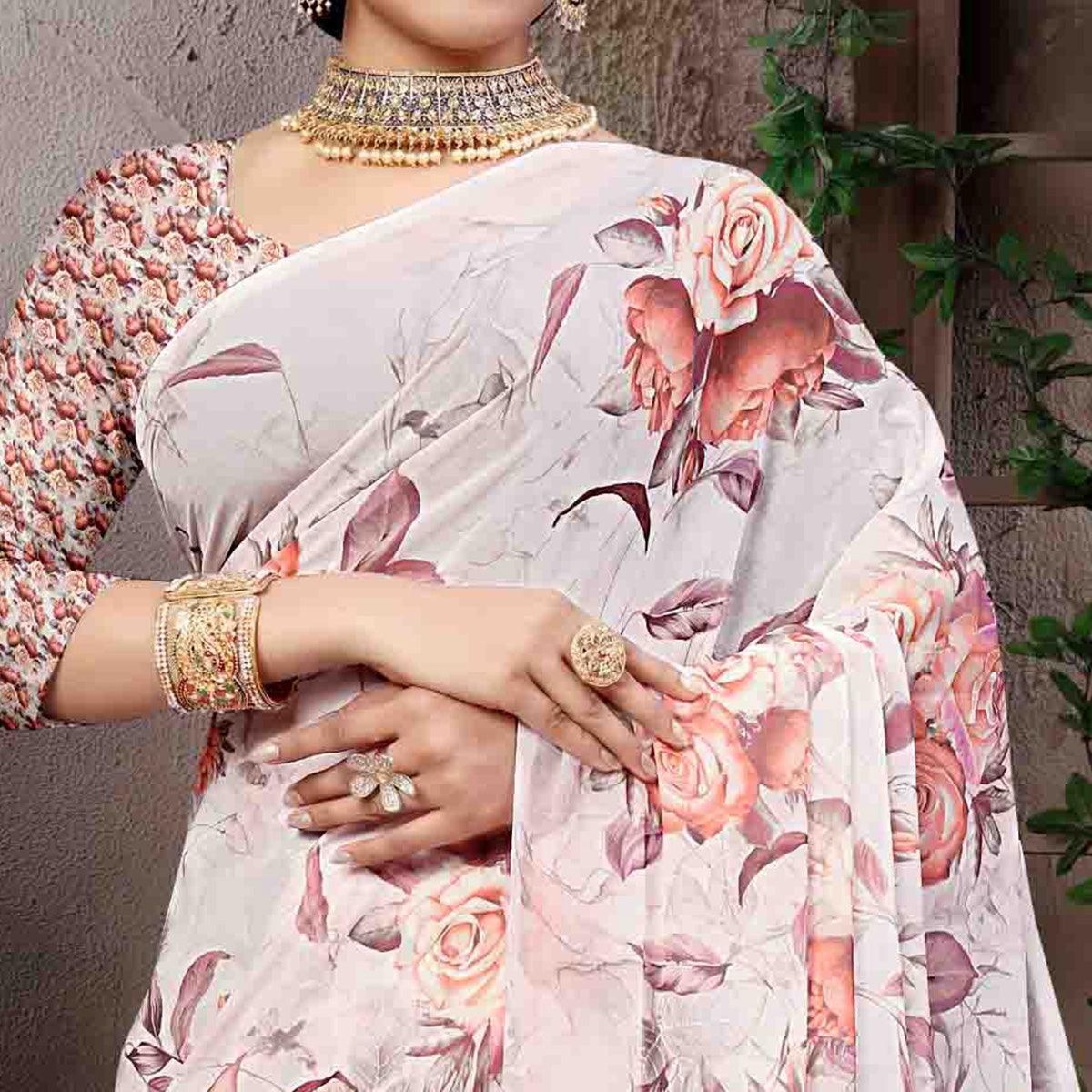 Offwhite Digital Printed Georgette Saree - Peachmode