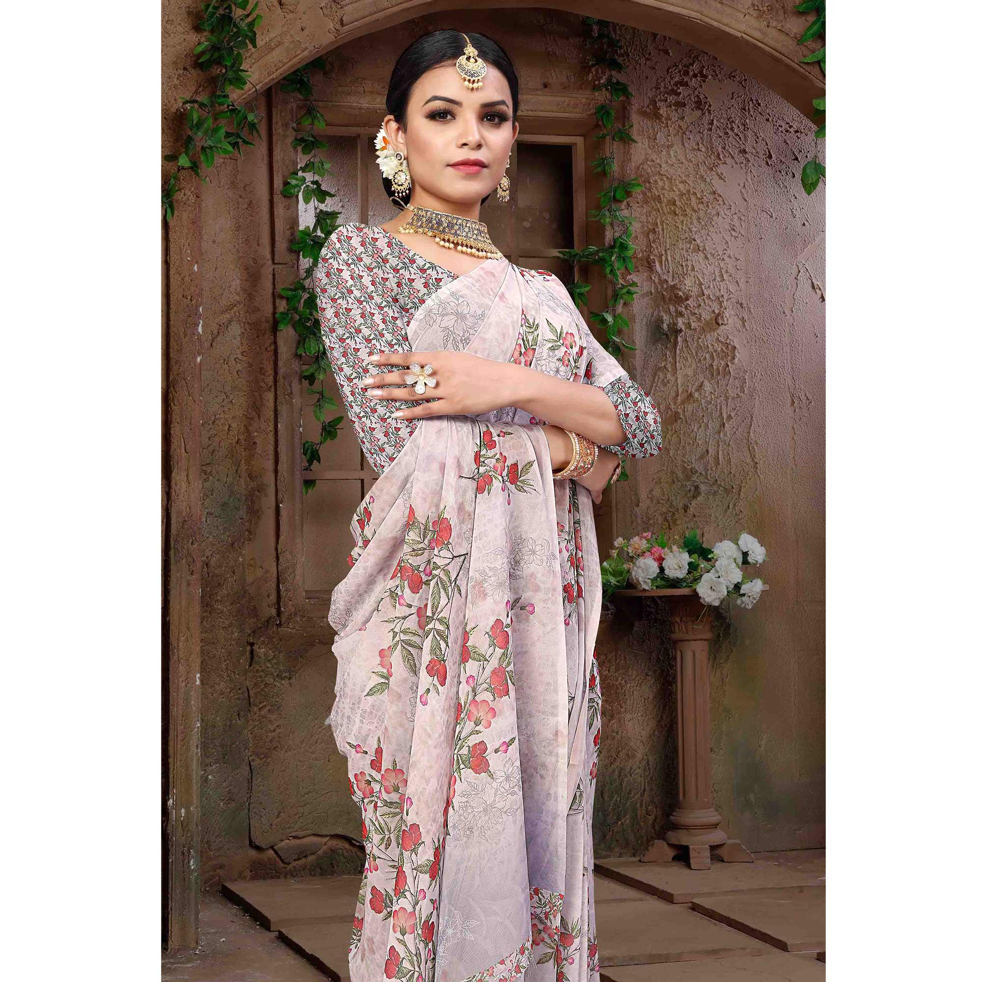 Offwhite Digital Printed Georgette Saree - Peachmode