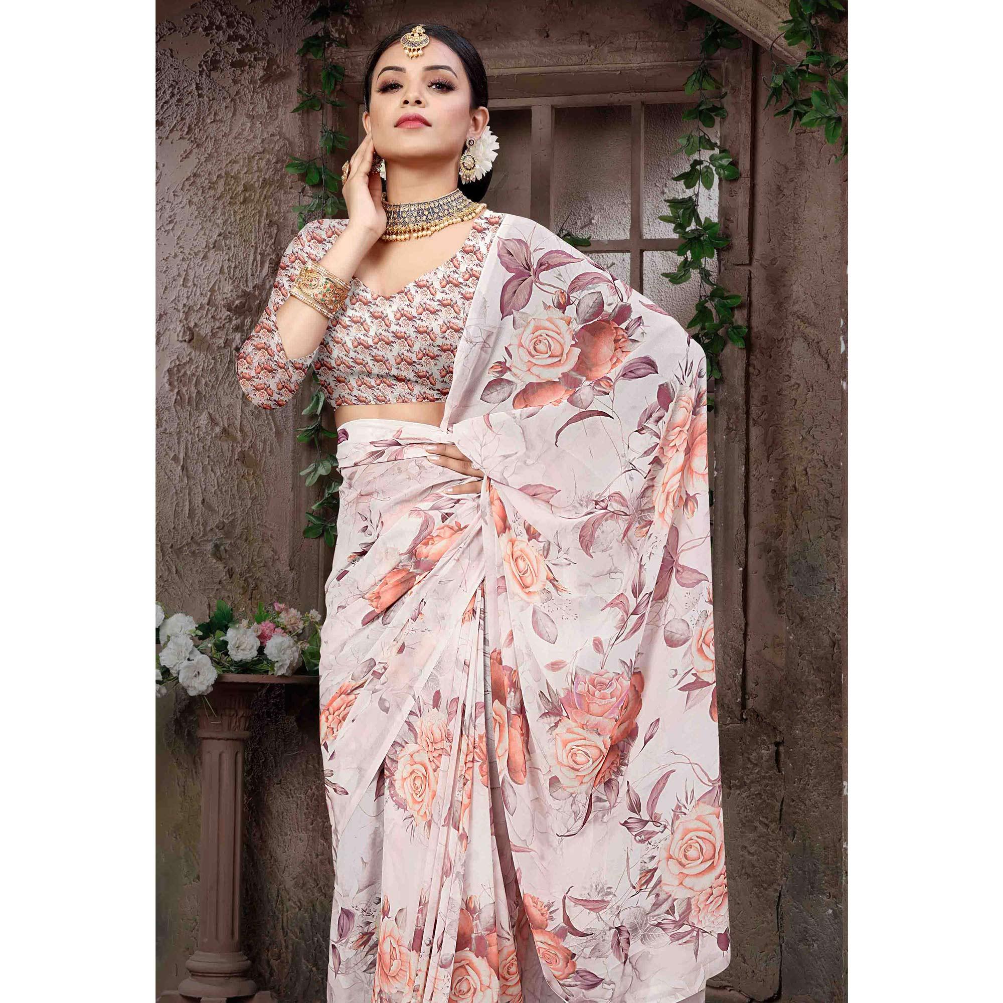 Offwhite Digital Printed Georgette Saree - Peachmode