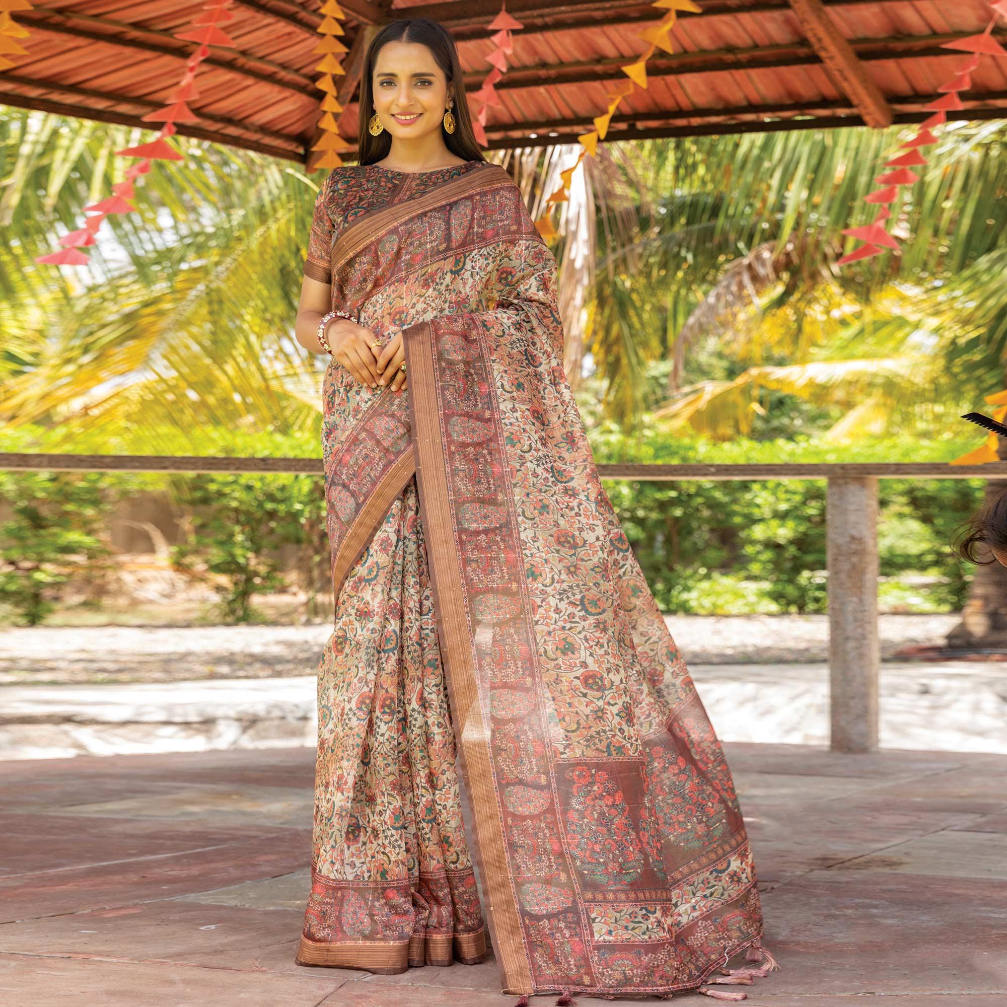 Offwhite Digital Printed Linen Saree With Tassels - Peachmode