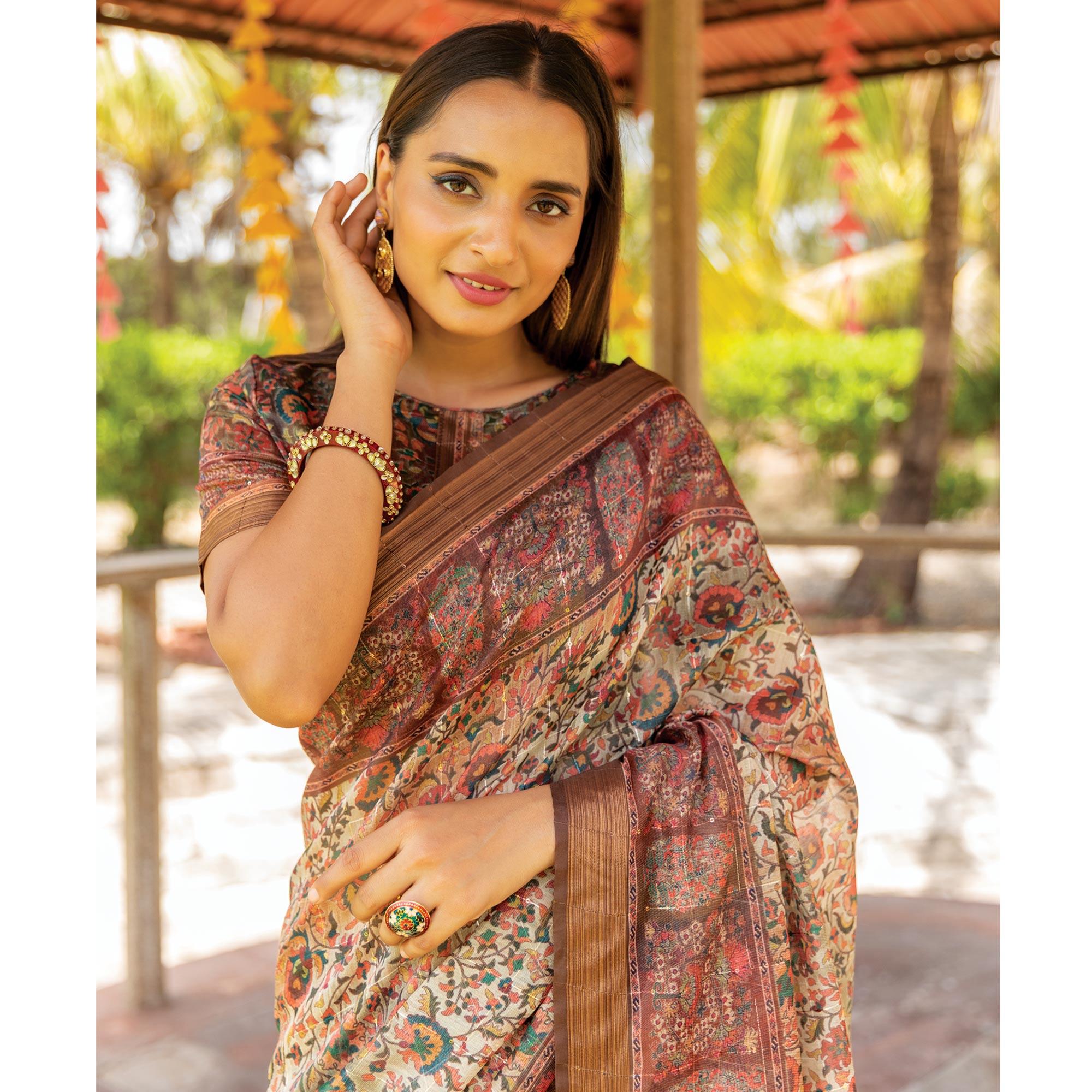 Offwhite Digital Printed Linen Saree With Tassels - Peachmode