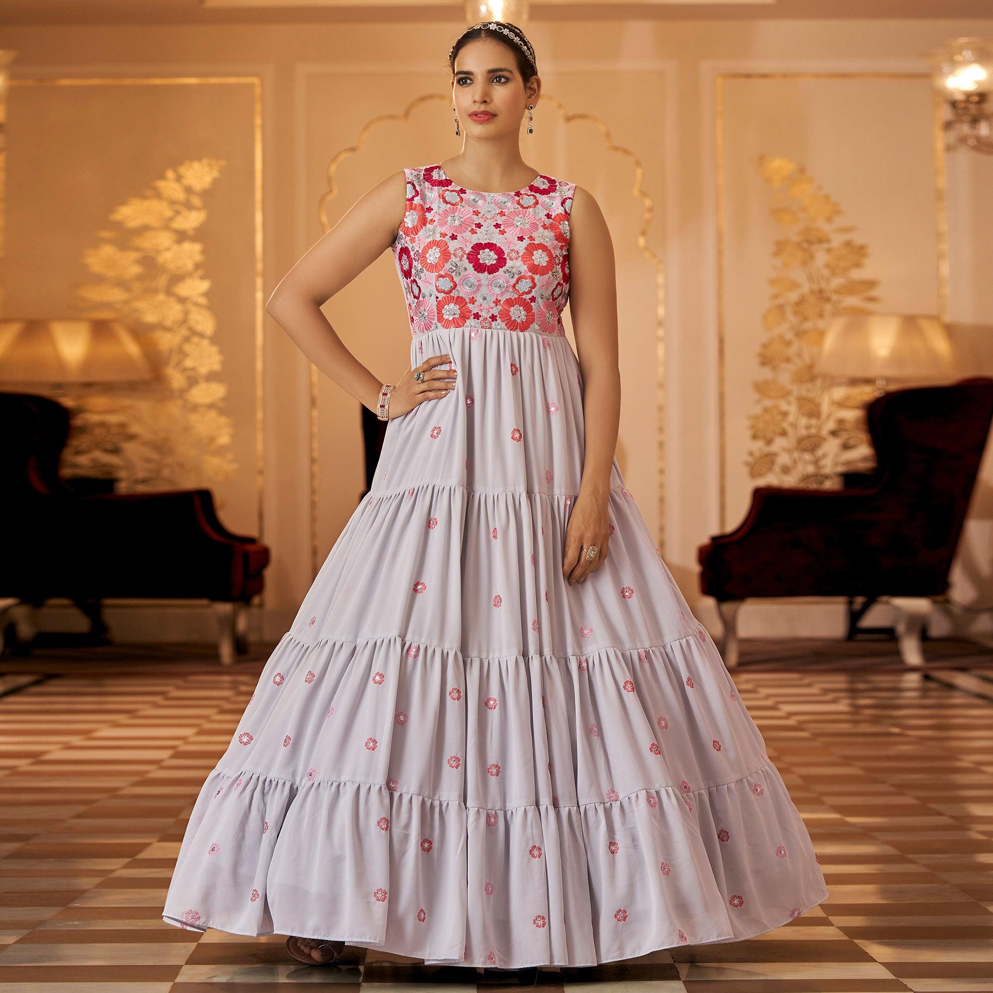 Offwhite Embroidered Georgette Gown - Peachmode