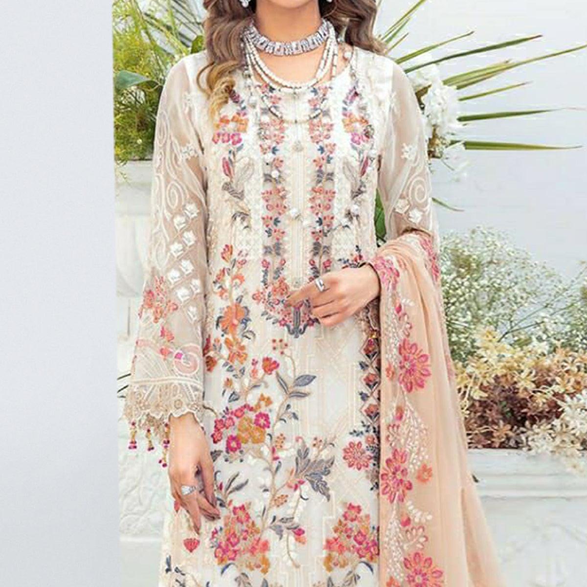 Offwhite Embroidered Georgette Pakistani Suit - Peachmode