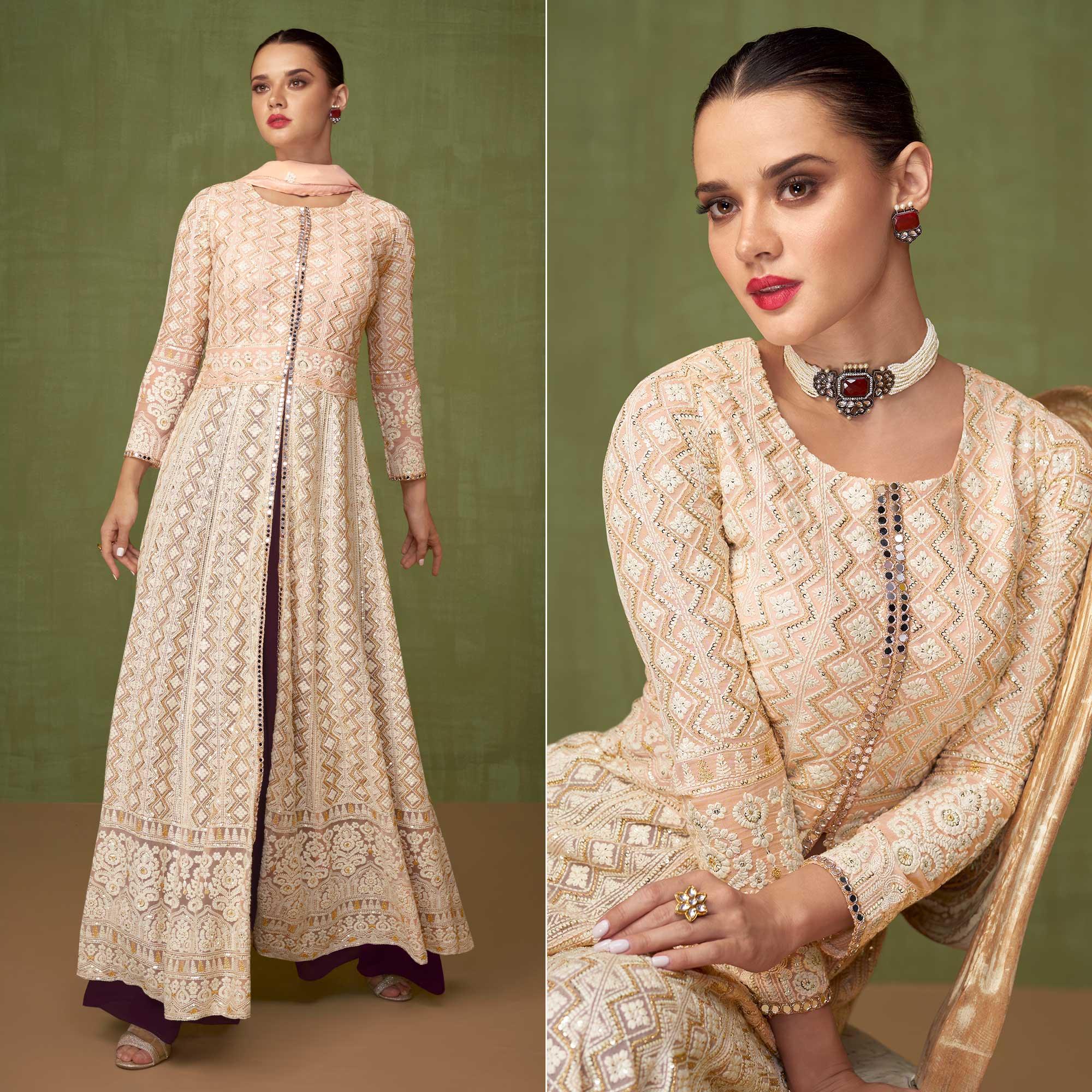 Offwhite Embroidered Georgette Palazzo Suit - Peachmode