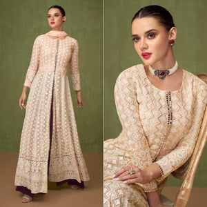Offwhite Embroidered Georgette Palazzo Suit - Peachmode