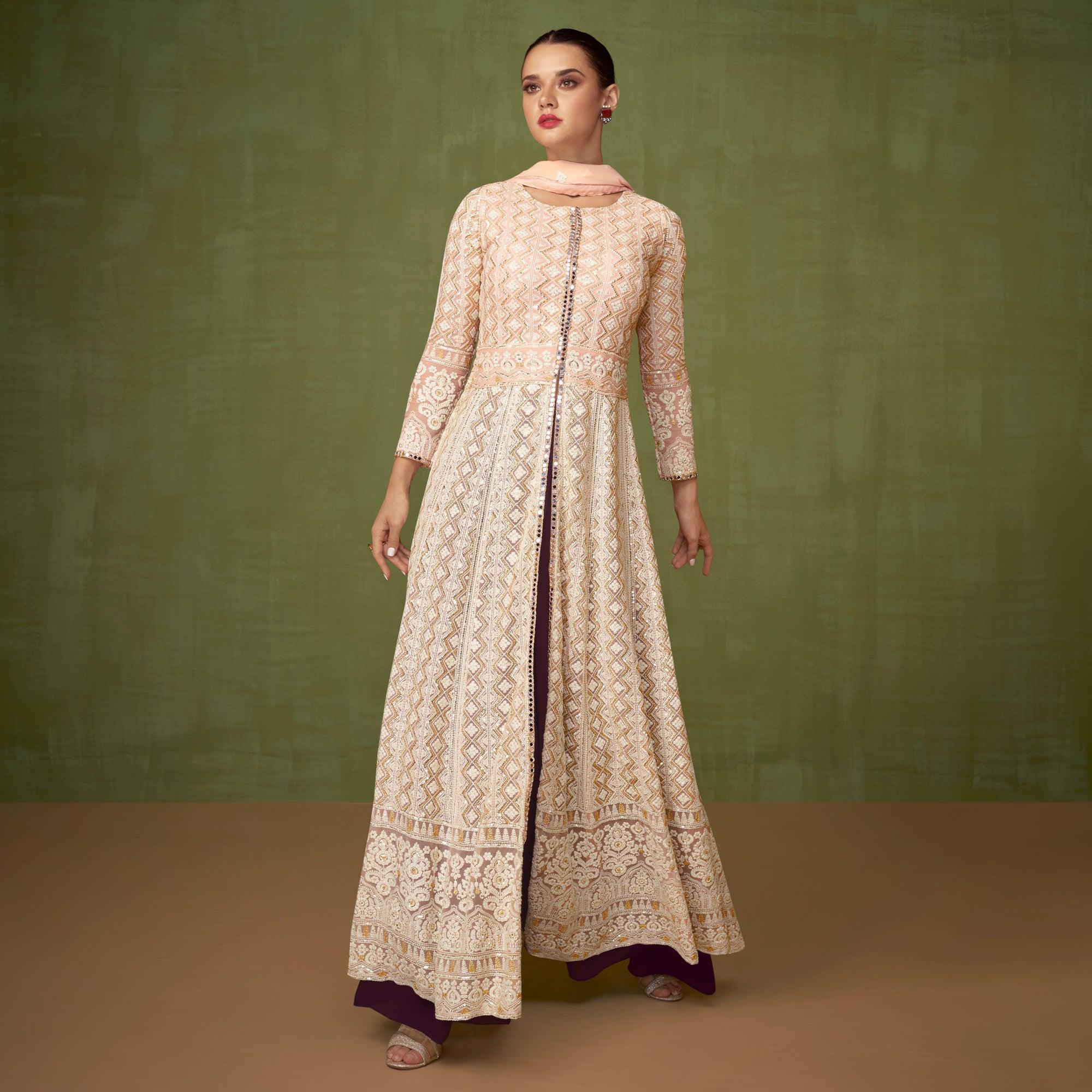 Offwhite Embroidered Georgette Palazzo Suit - Peachmode