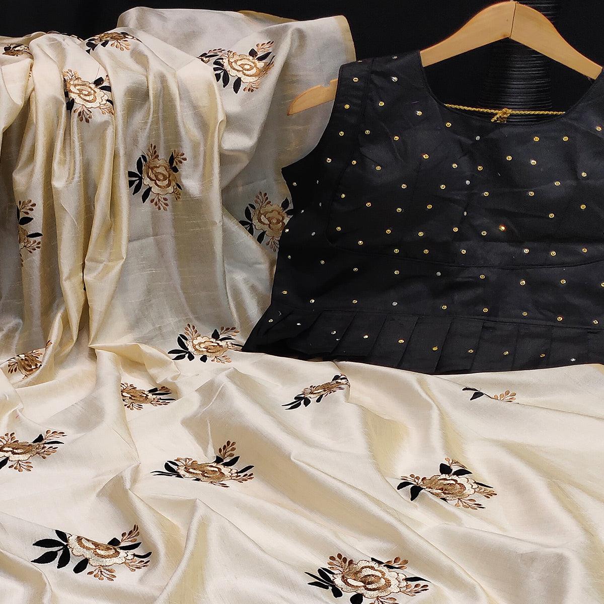 Offwhite Floral Embroidered Silk Saree - Peachmode