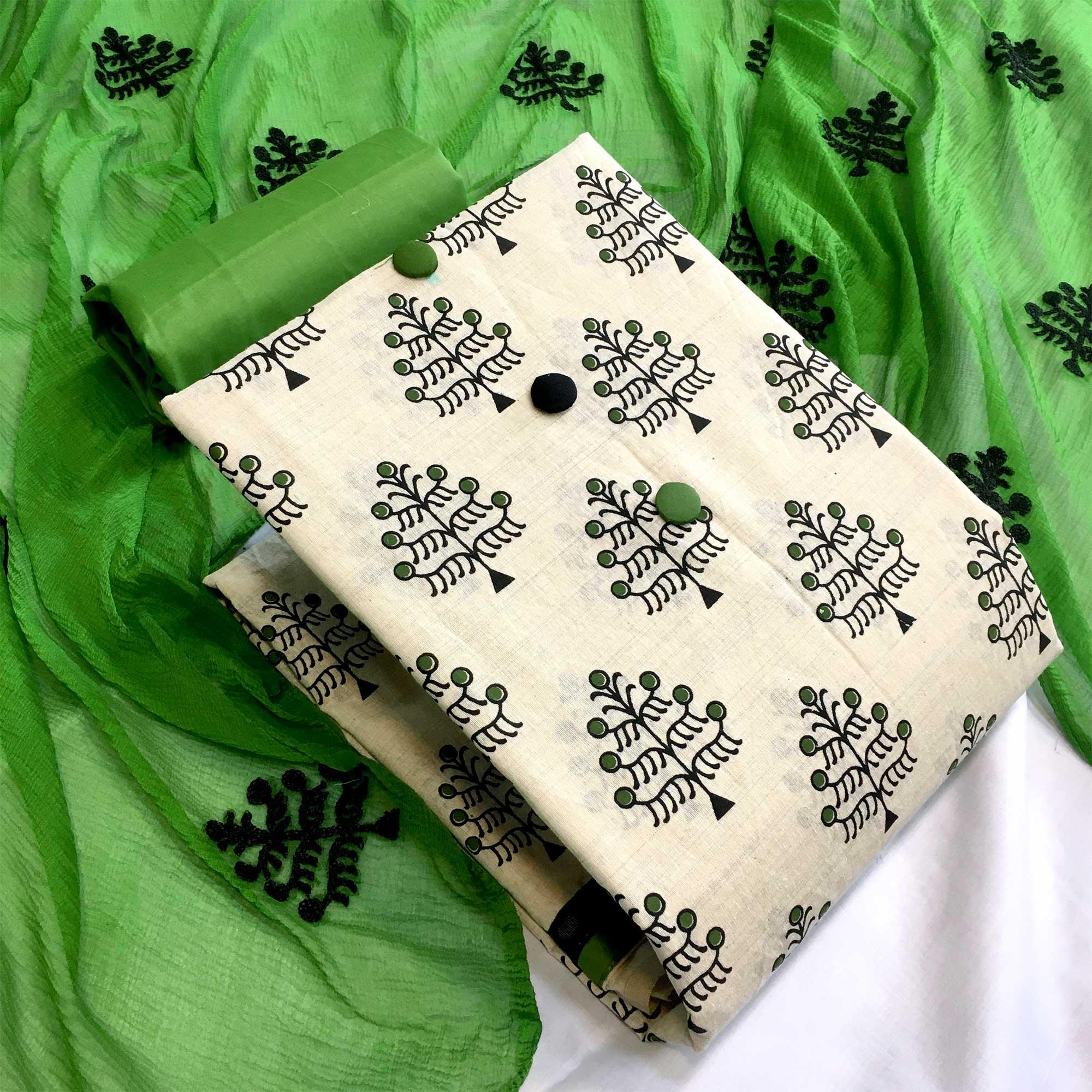 OffWhite - Green Casual Wear Printed Cotton Dress Material - Peachmode