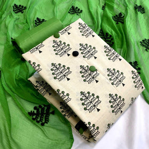 OffWhite - Green Casual Wear Printed Cotton Dress Material - Peachmode