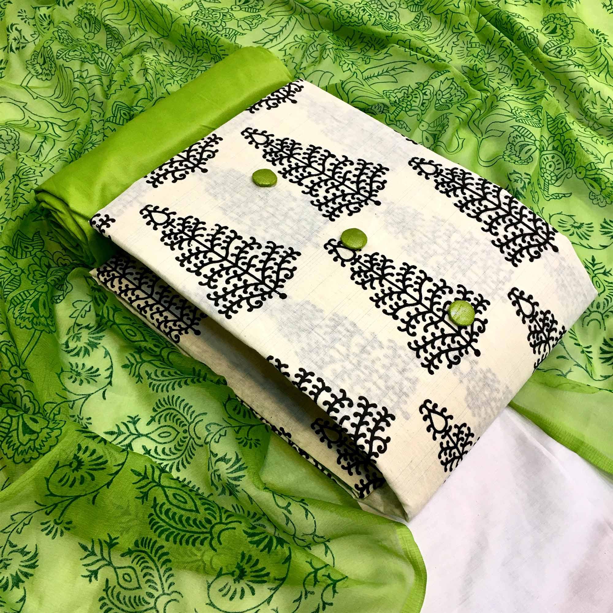 OffWhite - Green Casual Wear Printed Cotton Dress Material - Peachmode