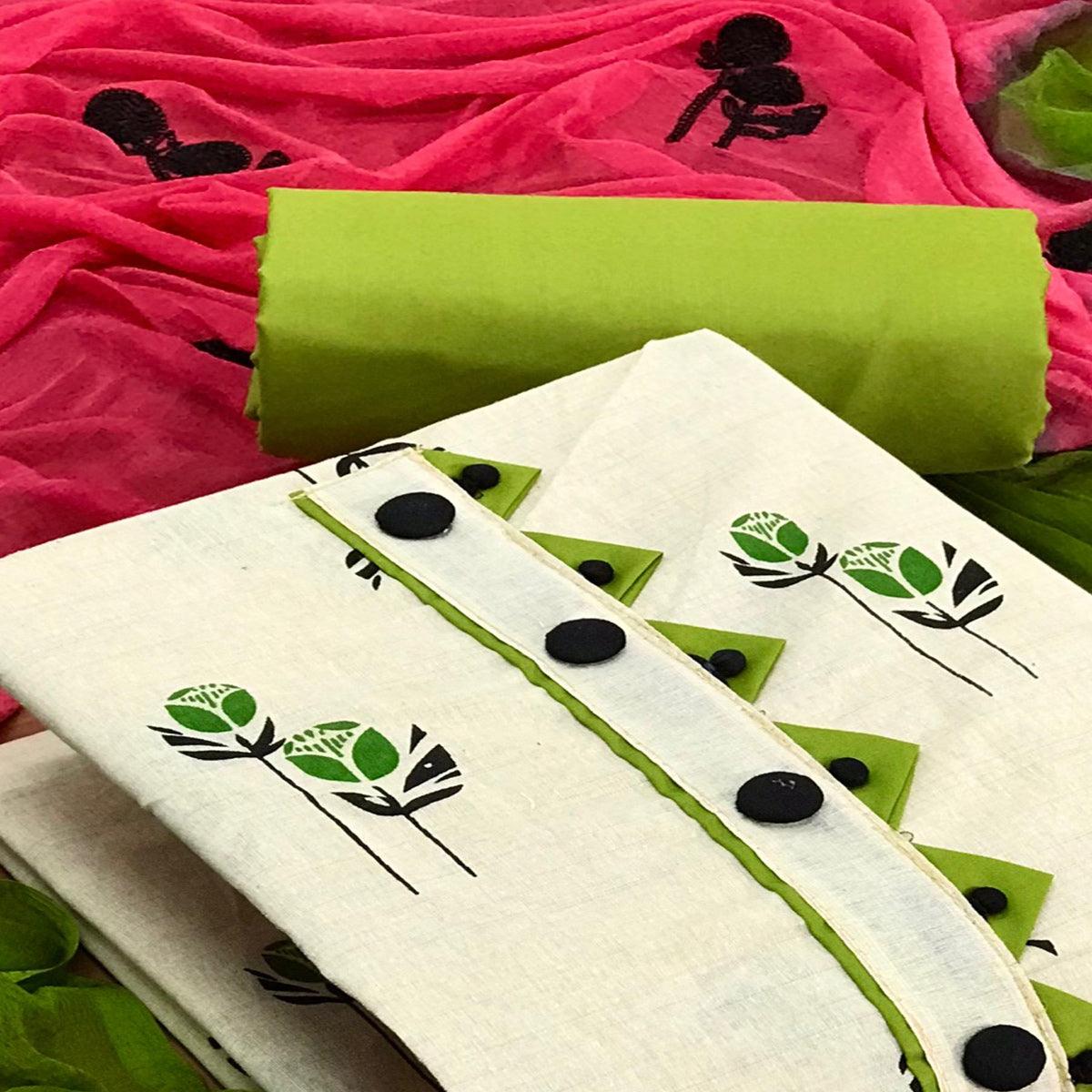 OffWhite - Green Casual Wear Printed Cotton Dress Material - Peachmode