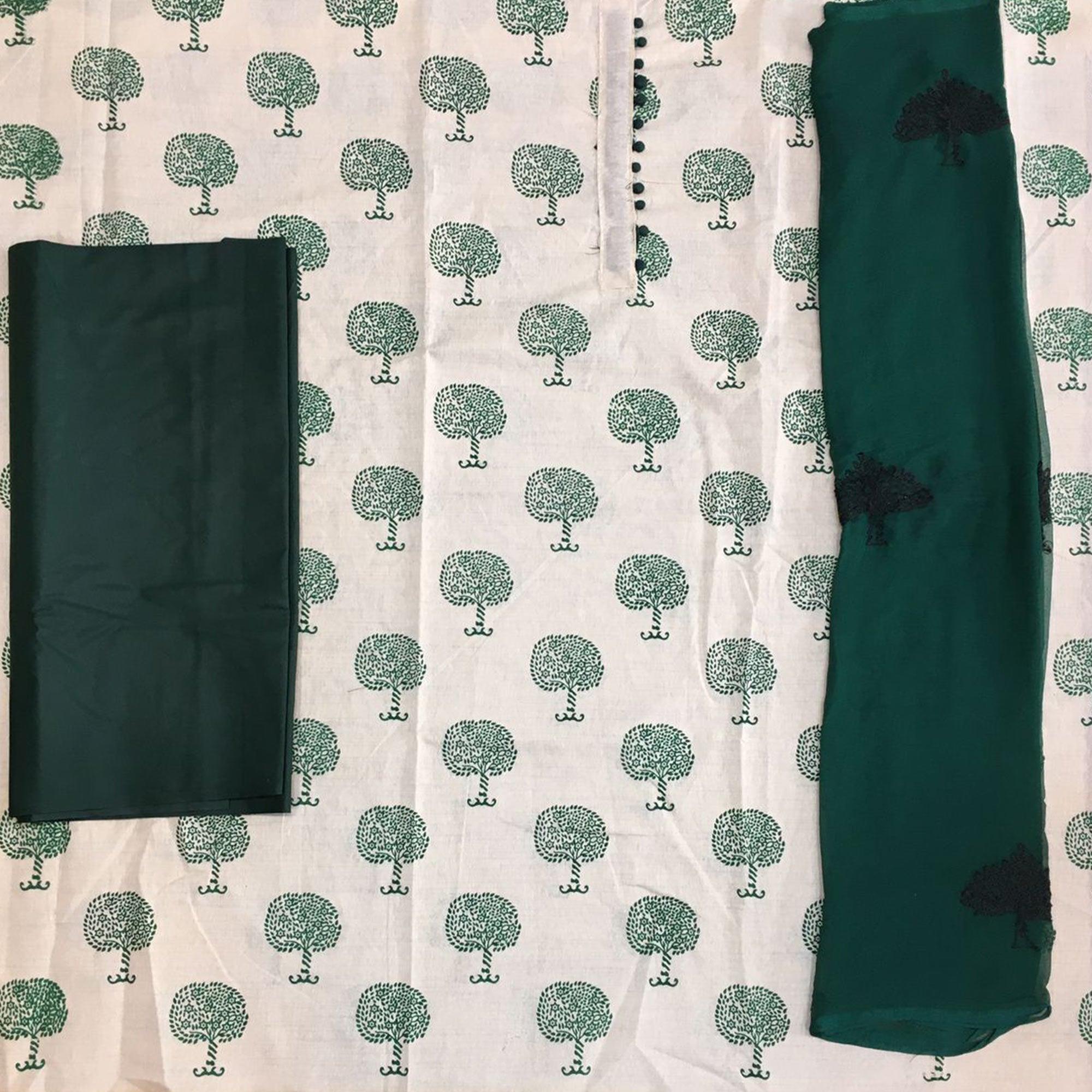 OffWhite - Green Casual Wear Printed Cotton Dress Material - Peachmode