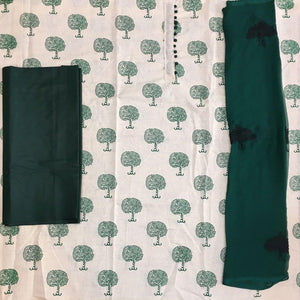 OffWhite - Green Casual Wear Printed Cotton Dress Material - Peachmode