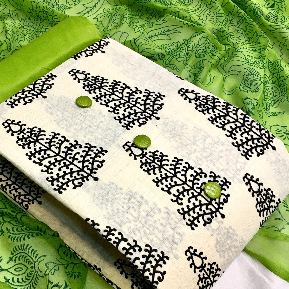 OffWhite - Green Casual Wear Printed Cotton Dress Material - Peachmode